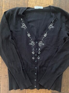 Oui Moments black cardigan with sequins and crystal embellished neckline.